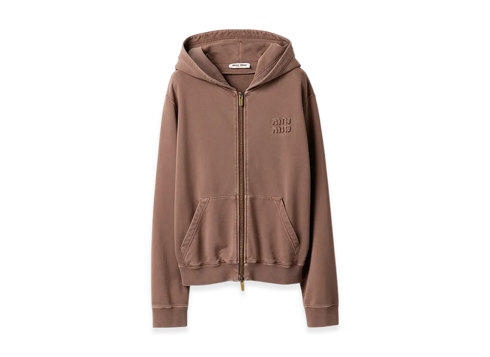 MIU MIU Women's Garment-Dyed Cotton Fleece Hoodie "Cocoa Brown"