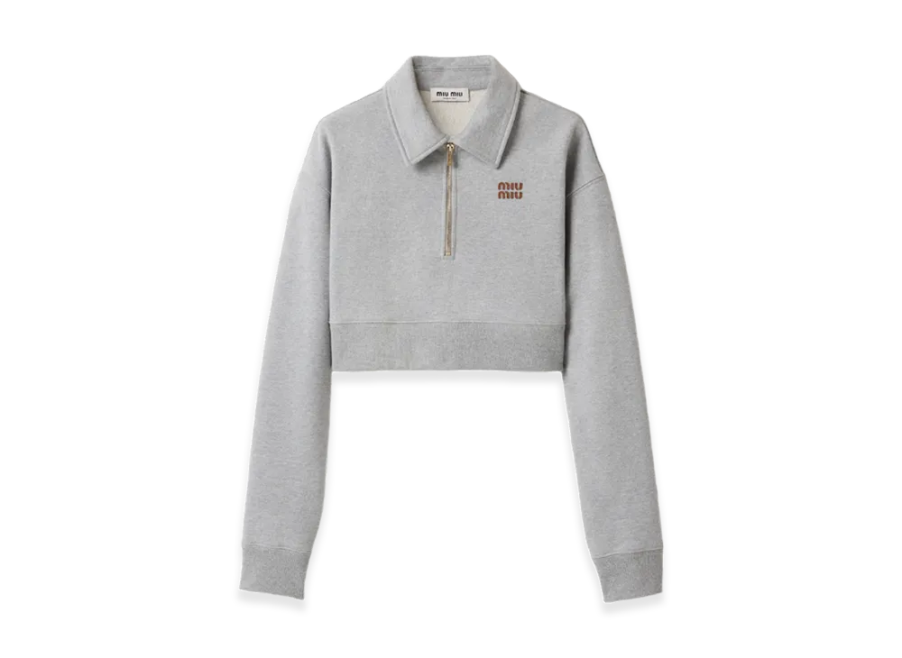 MIU MIU Women's Half-Zip Boxy Cotton Fleece Sweatshirt "Grey"