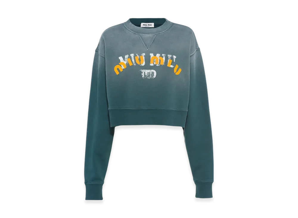 MIU MIU Women's Garment Dyed Cotton Fleece Sweatshirt "Forest Green"