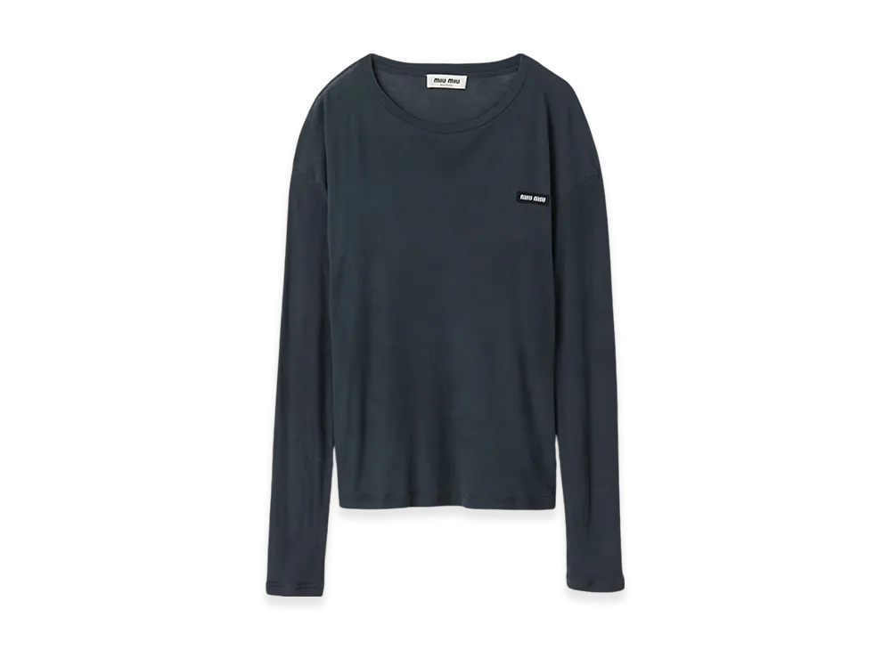 MIU MIU Women's L/S Garment-Dyed Ribbed Knit Jersey T-Shirt "Black"