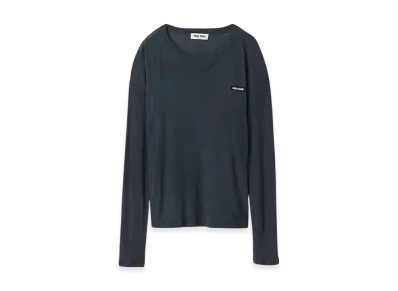 MIU MIU Women's L/S Garment-Dyed Ribbed Knit Jersey T-Shirt "Black"