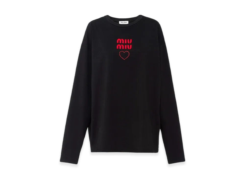 MIU MIU Women's Embroidered Long Sleeve Cotton Jersey T-shirt "Black"