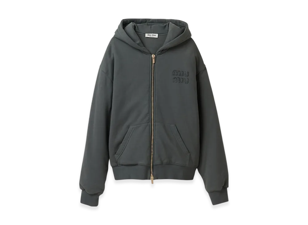 MIU MIU Women's Garment Dyed Cotton Fleece Hoodie "Iron Gray"