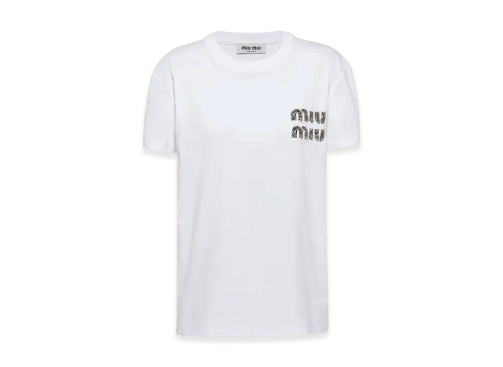 MIU MIU Women's Embroidered Cotton T-Shirt "White/Crystal"