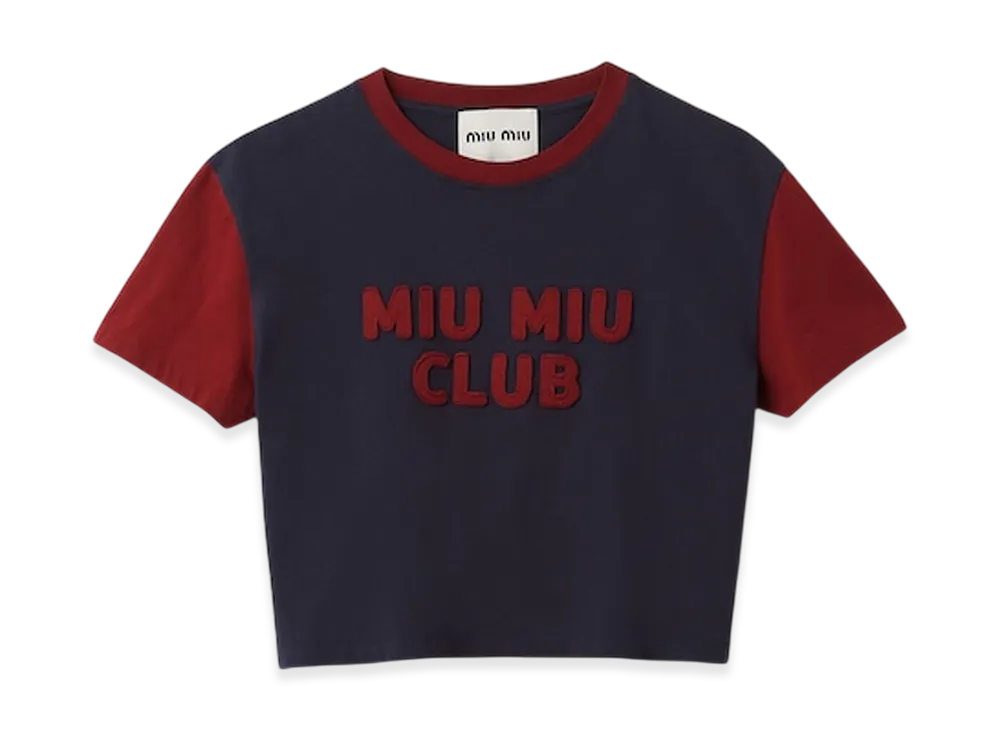 MIU MIU Women's Jersey T-Shirt with Embroidered Logo "Blue/Burgundy"