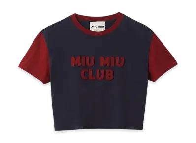 MIU MIU Women's Jersey T-Shirt with Embroidered Logo "Blue/Burgundy"