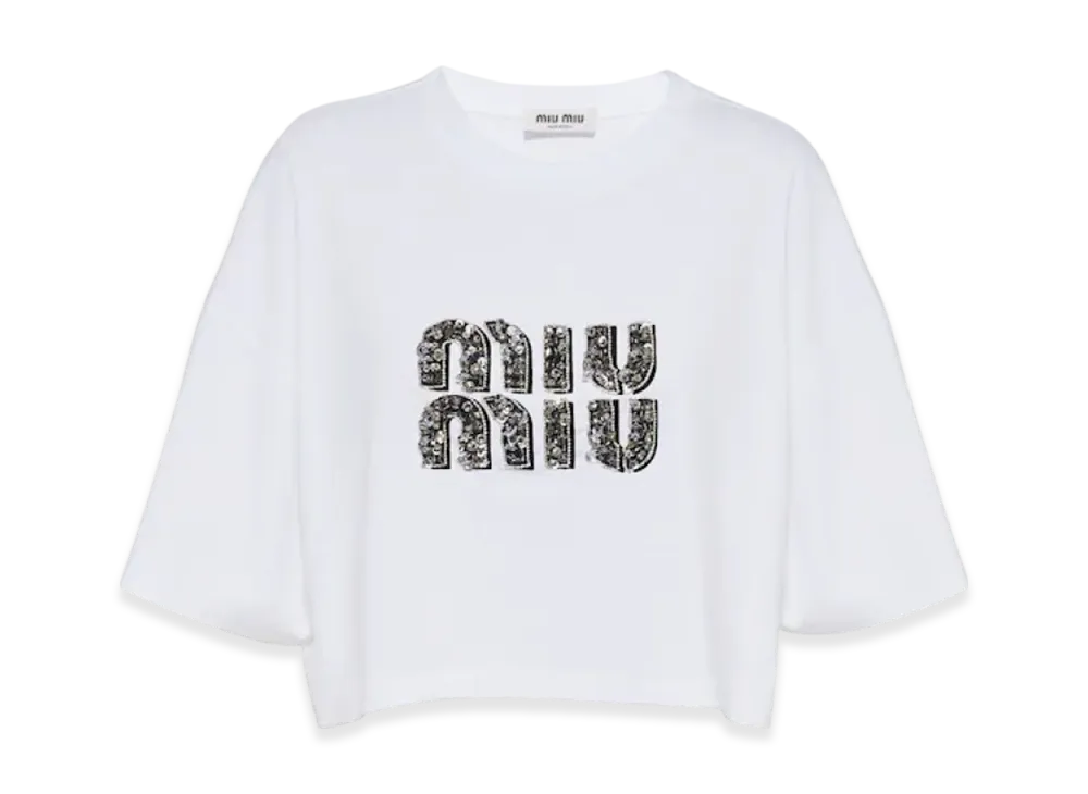 MIU MIU Women's Cropped Embroidered Cotton T-Shirt "White/Crystal"