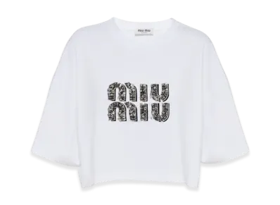 MIU MIU Women's Cropped Embroidered Cotton T-Shirt "White/Crystal"