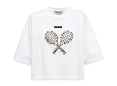 MIU MIU Women's Embroidered Cotton T-Shirt "White"