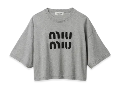 MIU MIU Women's Cotton T-Shirt with Embroidered Logo "Grey"