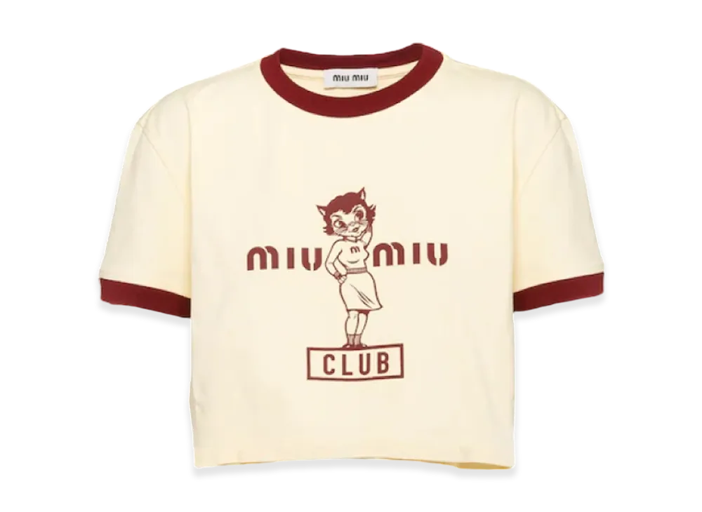 MIU MIU Women's Print Cotton T-Shirt "Vanilla/Burgundy"