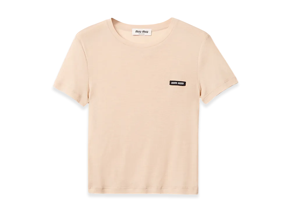 MIU MIU Women's Garment-Dyed Ribbed Knit Jersey T-Shirt "Cameo"