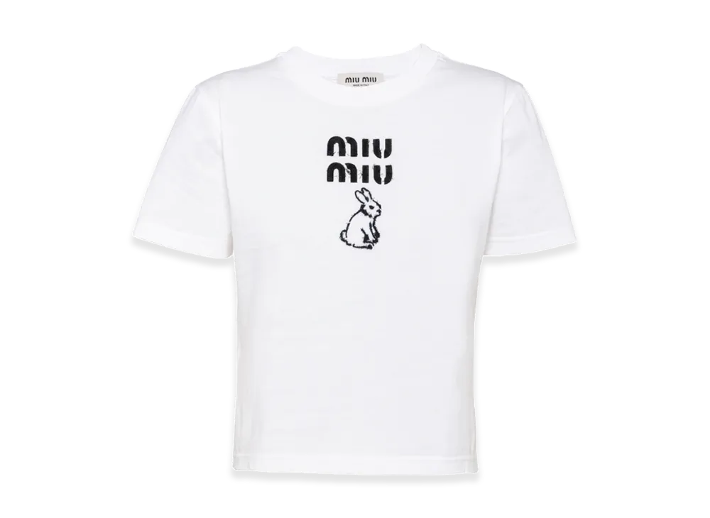 MIU MIU Women's Embroidered Cotton Cropped T-shirt "White"