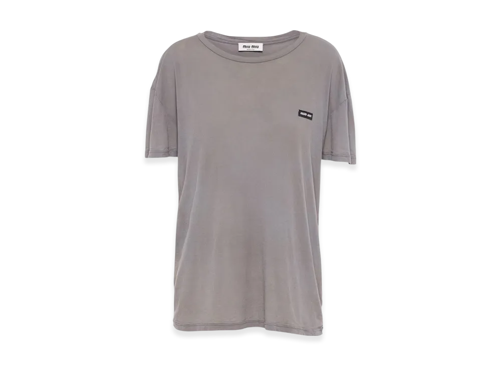 MIU MIU Women's Garment Dyed Ribbed Knit Jersey T-Shirt "Lead Grey"