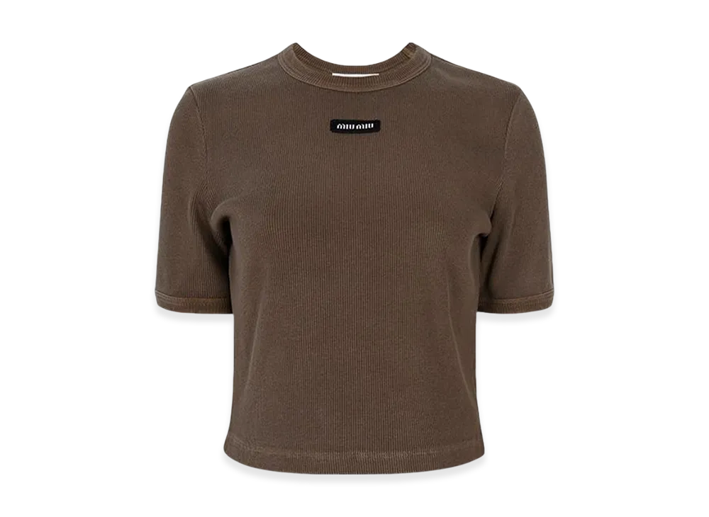MIU MIU Women's Logo Patch Cropped T-Shirt "Cocoa Brown"