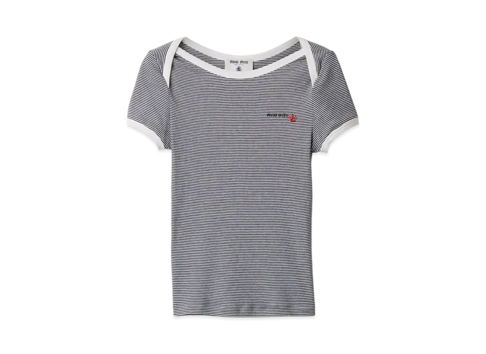Petit Bateau x MIUMIU Women's Ribbed Jersey T-Shirt "White/Navy"