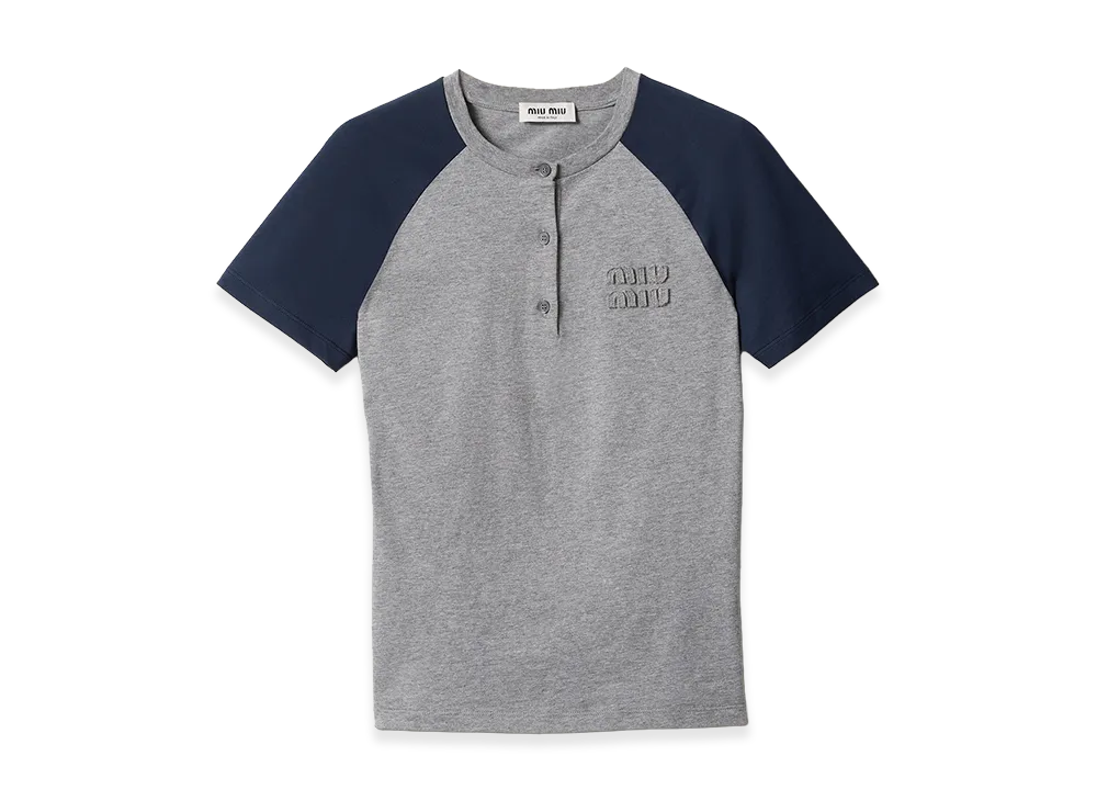 MIU MIU Women's Cotton Jersey Henley Shirt "Grey/Blue"