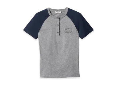 MIU MIU Women's Cotton Jersey Henley Shirt "Grey/Blue"