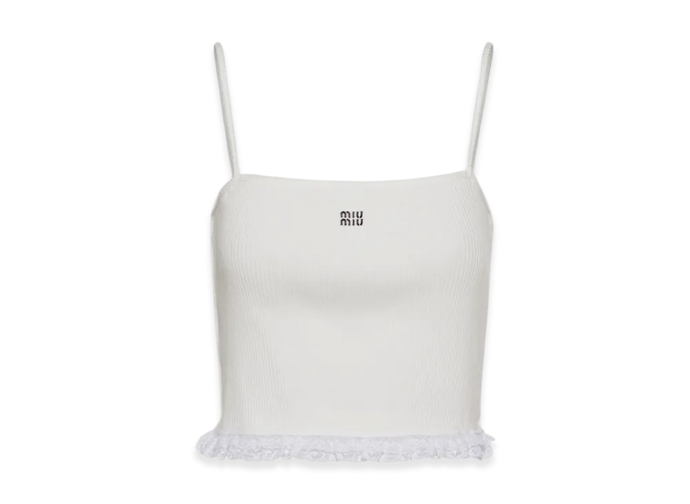 MIU MIU Women's Embroidered Ribbed Knit Jersey Top "White"