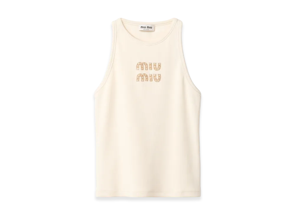 MIU MIU Women's Embroidered Logo Ribbed Jersey Top "Natural"