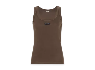 MIU MIU Women's Garment Dyed Ribbed Knit Jersey Top "Cocoa Brown"