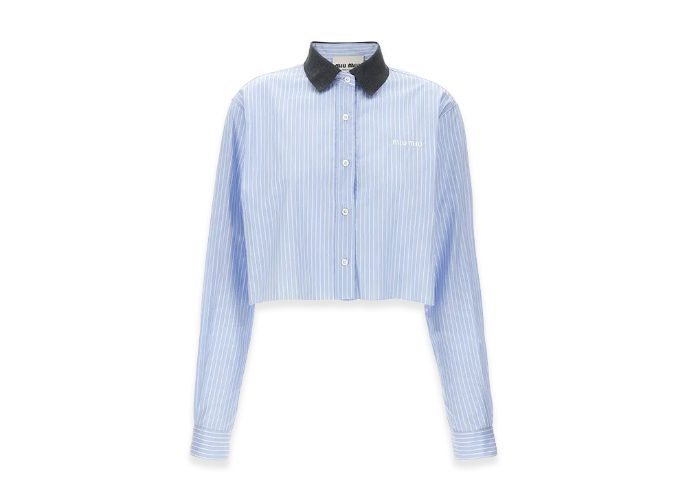 MIU MIU Women's Striped Cropped Shirt "Light Blue"