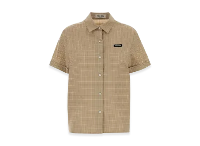 MIU MIU Women's Embroidered Poplin Short Sleeve Shirt "Beige"