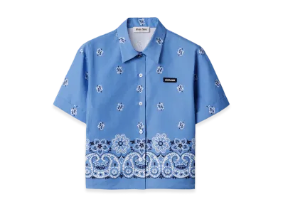 MIU MIU Women's Printed Slubbed Poplin Short Sleeve Shirt "Light Blue"