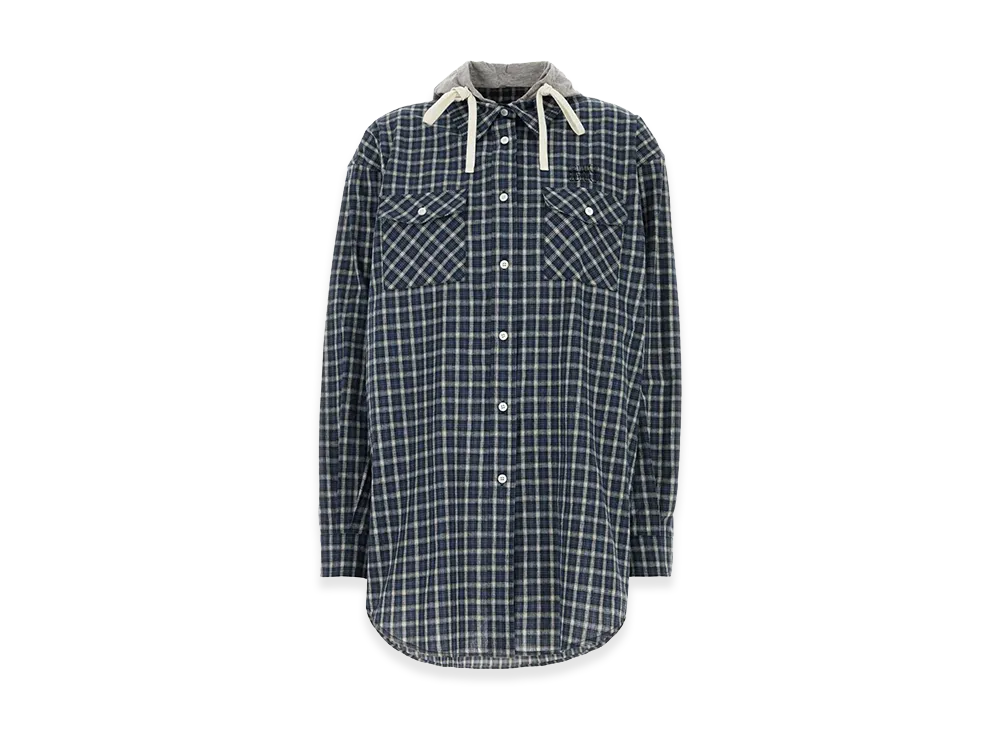 MIU MIU Women's Check-Pattern Hooded Shirt "Blue"