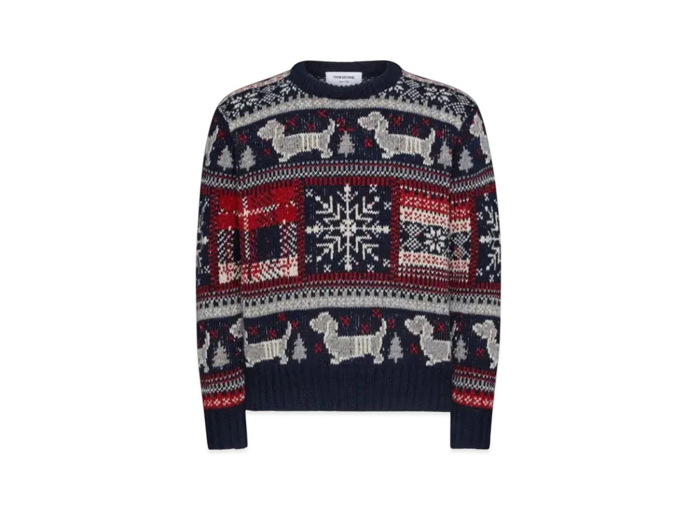 THOM BROWNE Holiday Hector Mohair Tweed Crew Neck Pullover "Blue"