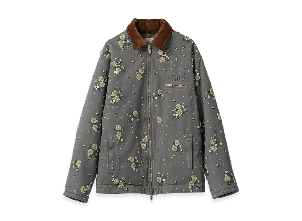 MIU MIU Women's Embroidered Garment Dyed Gabardine Blouson Jacket "Iron Gray"