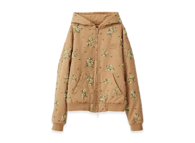 MIU MIU Garment-Dyed Blouson Jacket Embroidered Logo "Olive Green"