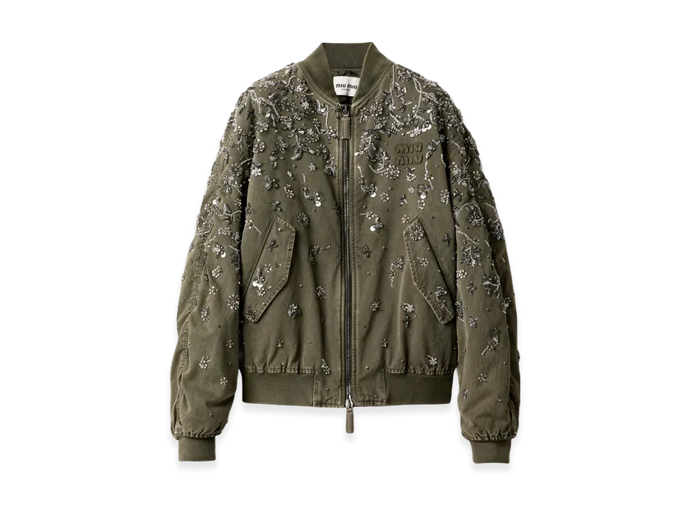 MIU MIU Women's Garment-Dyed Gabardine Bomber Jacket "Olive Green"
