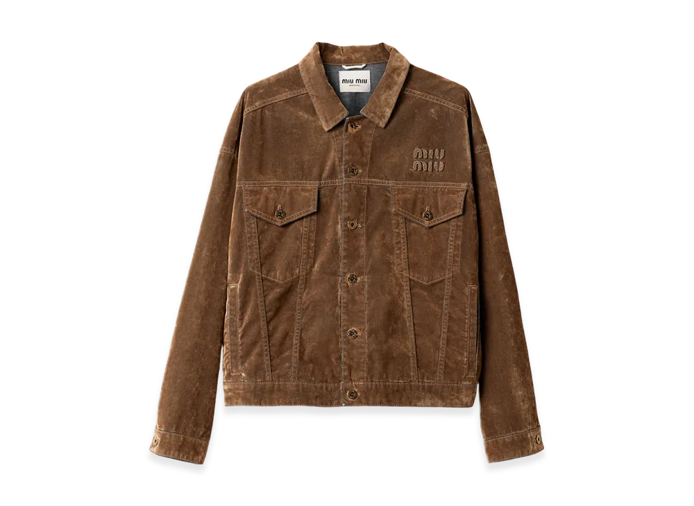 MIU MIU Women's Washed Flocked Chambray Blouson Jacket "Tobacco"