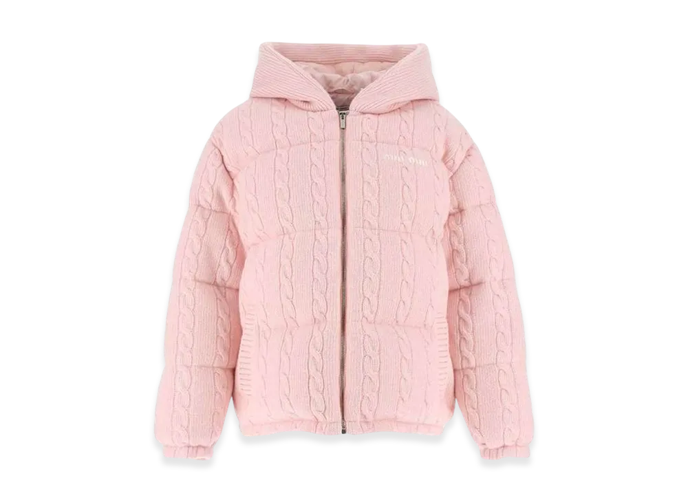 MIU MIU Women's Wool Cashmere Cable Hooded Padding "Petal Pink"