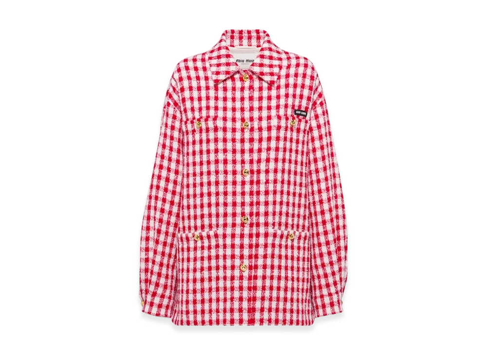 MIU MIU Women's Gingham Check Boucle Blouson Jacket "White/Red"