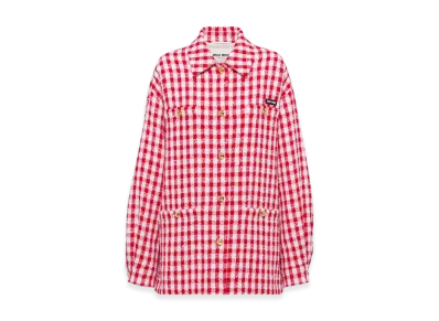 MIU MIU Women's Gingham Check Boucle Blouson Jacket "White/Red"