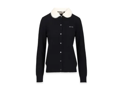 MIU MIU Women's Cashmere and Popeline Collar Cardigan "Dark Blue"