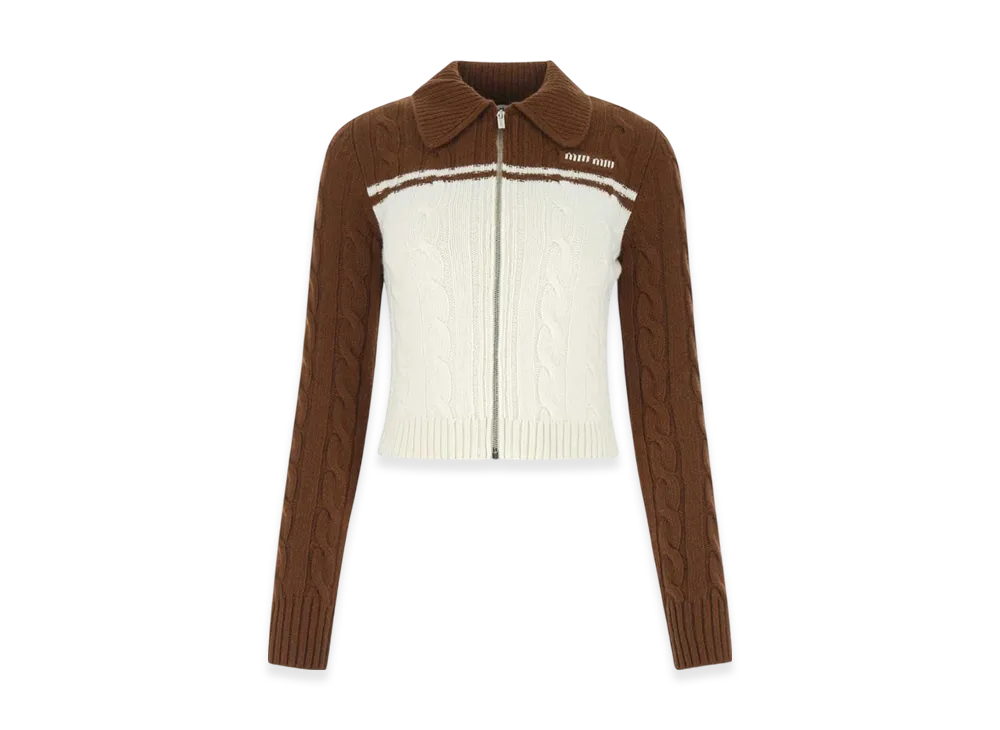 MIU MIU Women's Wool Cashmere Zipper Cardigan "Brown/White"