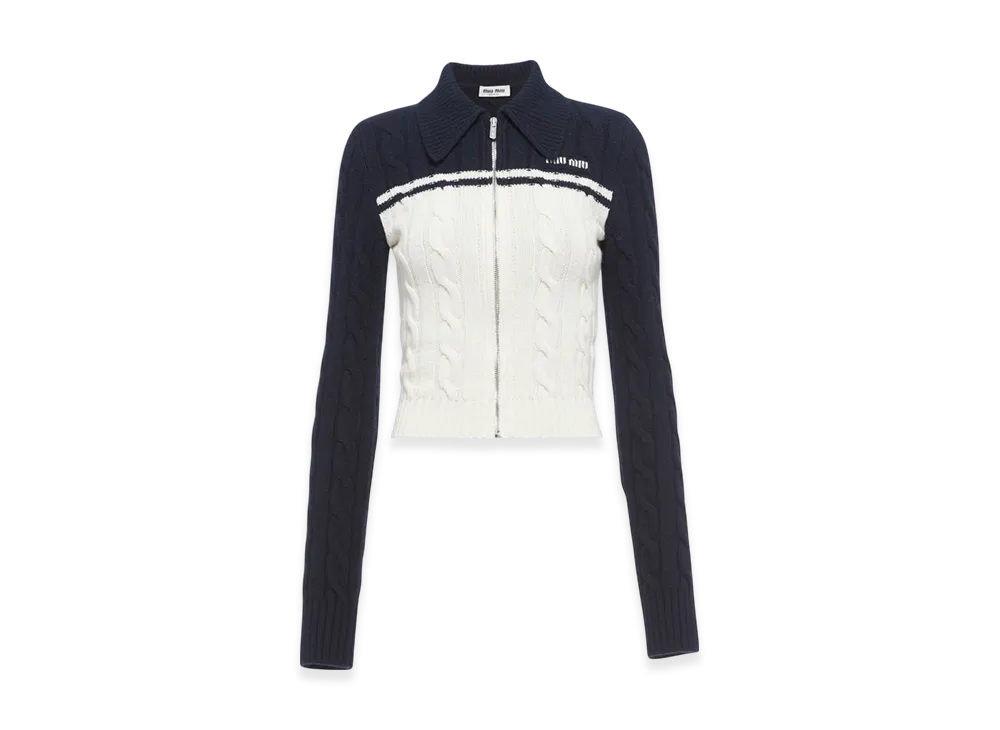 MIU MIU Women's Wool Cashmere Zipper Cardigan "White/Blue"
