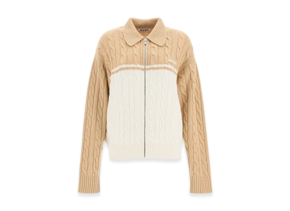 MIU MIU Women's Wool Cashmere Zip Up Cardigan "Camel/White"
