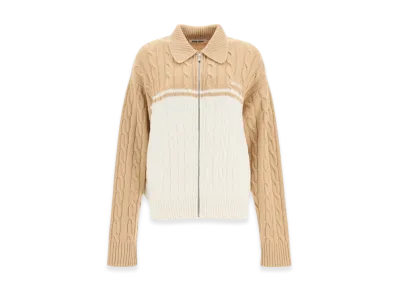 MIU MIU Women's Wool Cashmere Zip Up Cardigan "Camel/White"