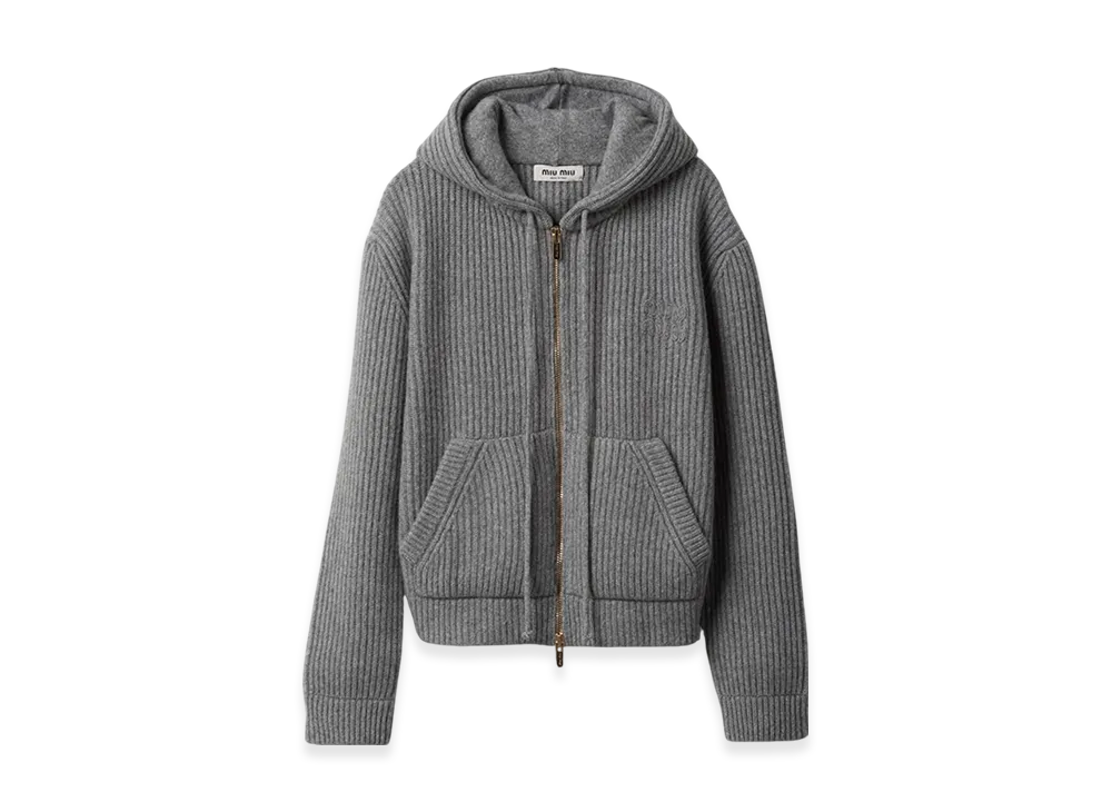 MIU MIU Women's Wool and Cashmere Hoodie Cardigan "Marble Gray"