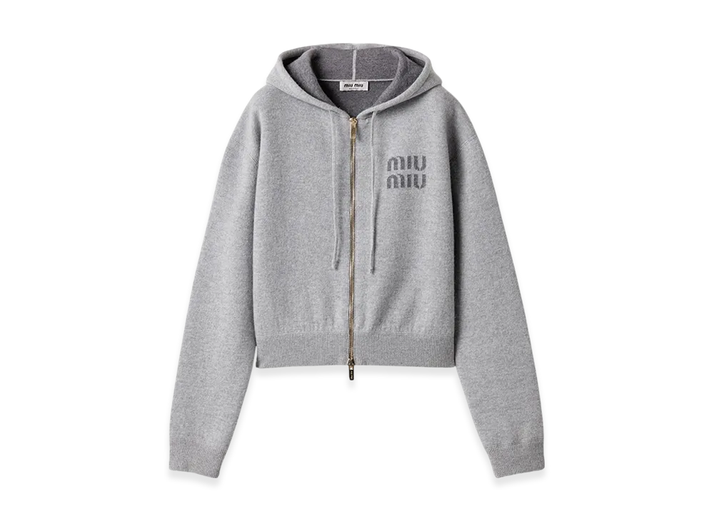 MIU MIU Women's Double Cashmere Zipper Hoodie Cardigan "Grey"