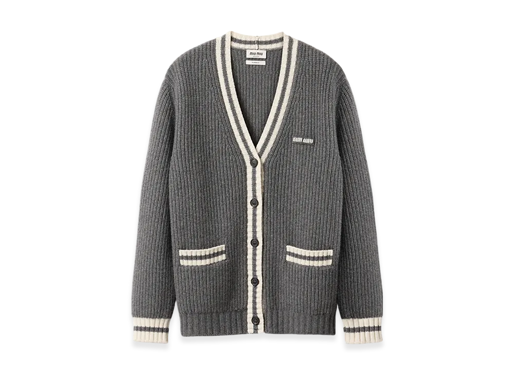 MIU MIU Women's Ribbed Knit Wool and Cashmere Cardigan "Slate Gray"