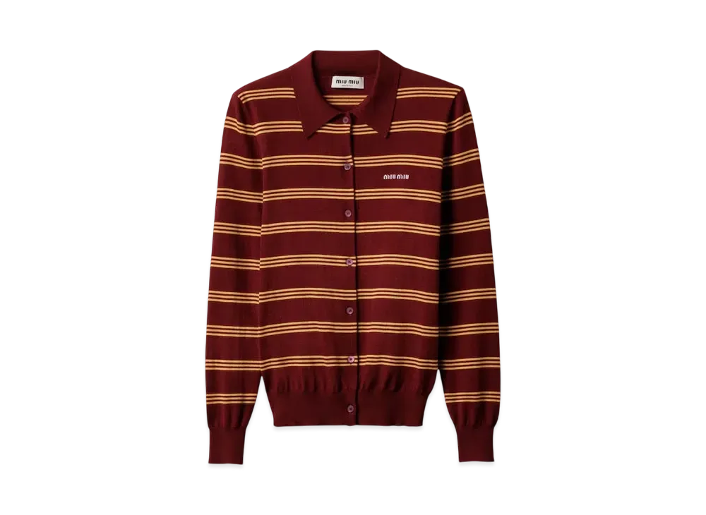 MIUMIU Women's Striped Cashmere and Silk Cardigan "Wine Red"