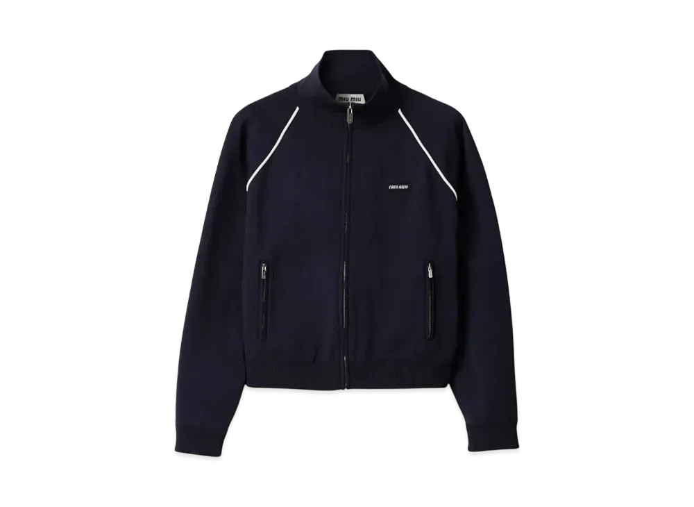 MIUMIU Women's Technical Yarn Zipper Cardigan "Navy/White"