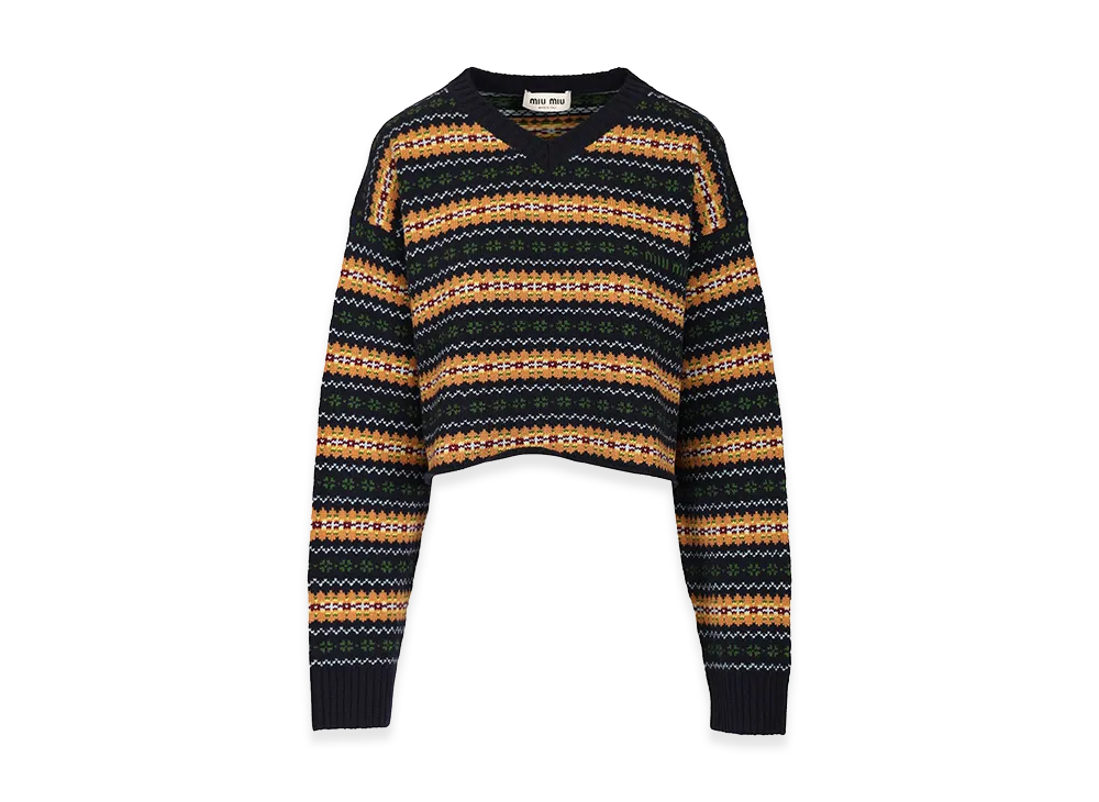 MIU MIU Women's Wool Fairisle F.5 Knitewear Crop Crewneck "Blue"