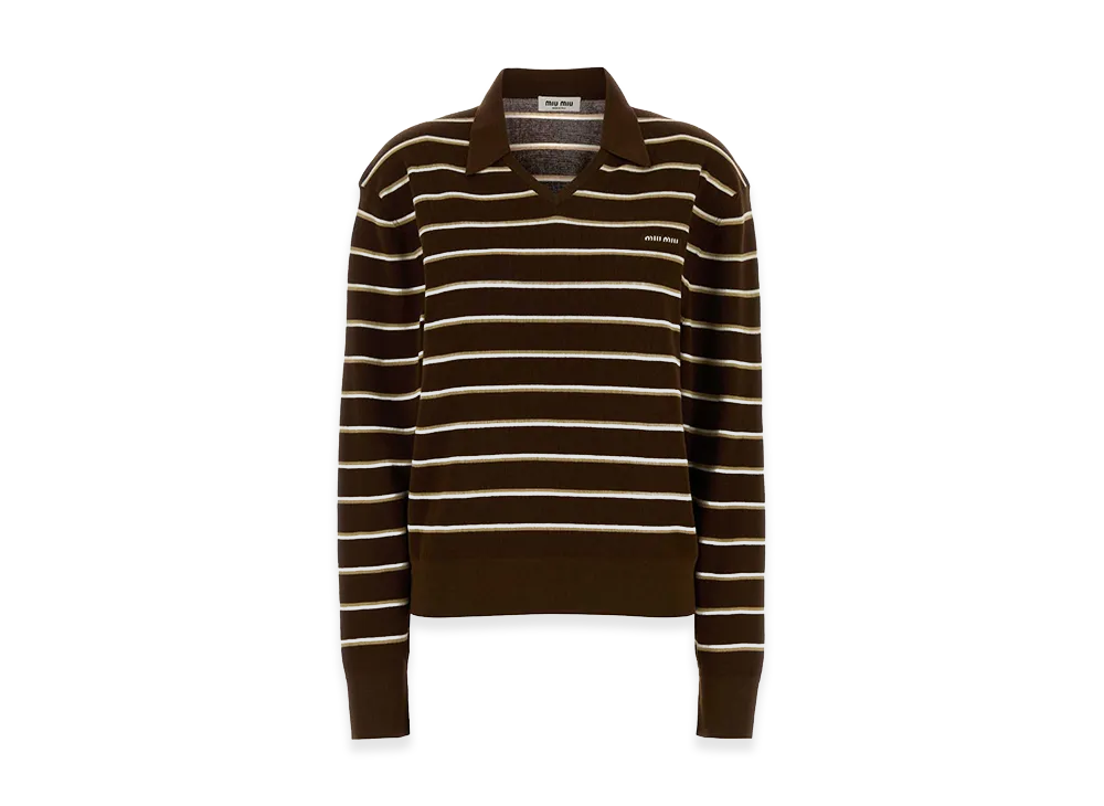 MIU MIU Women's Embroidered Stretch Cotton Blend Long Sleeve Polo Shirt "Brown"