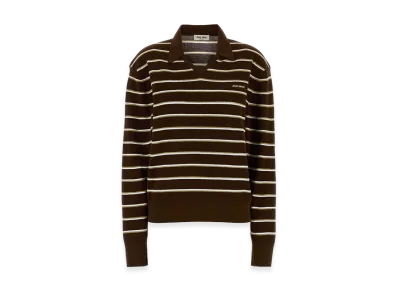 MIU MIU Women's Embroidered Stretch Cotton Blend Long Sleeve Polo Shirt "Brown"